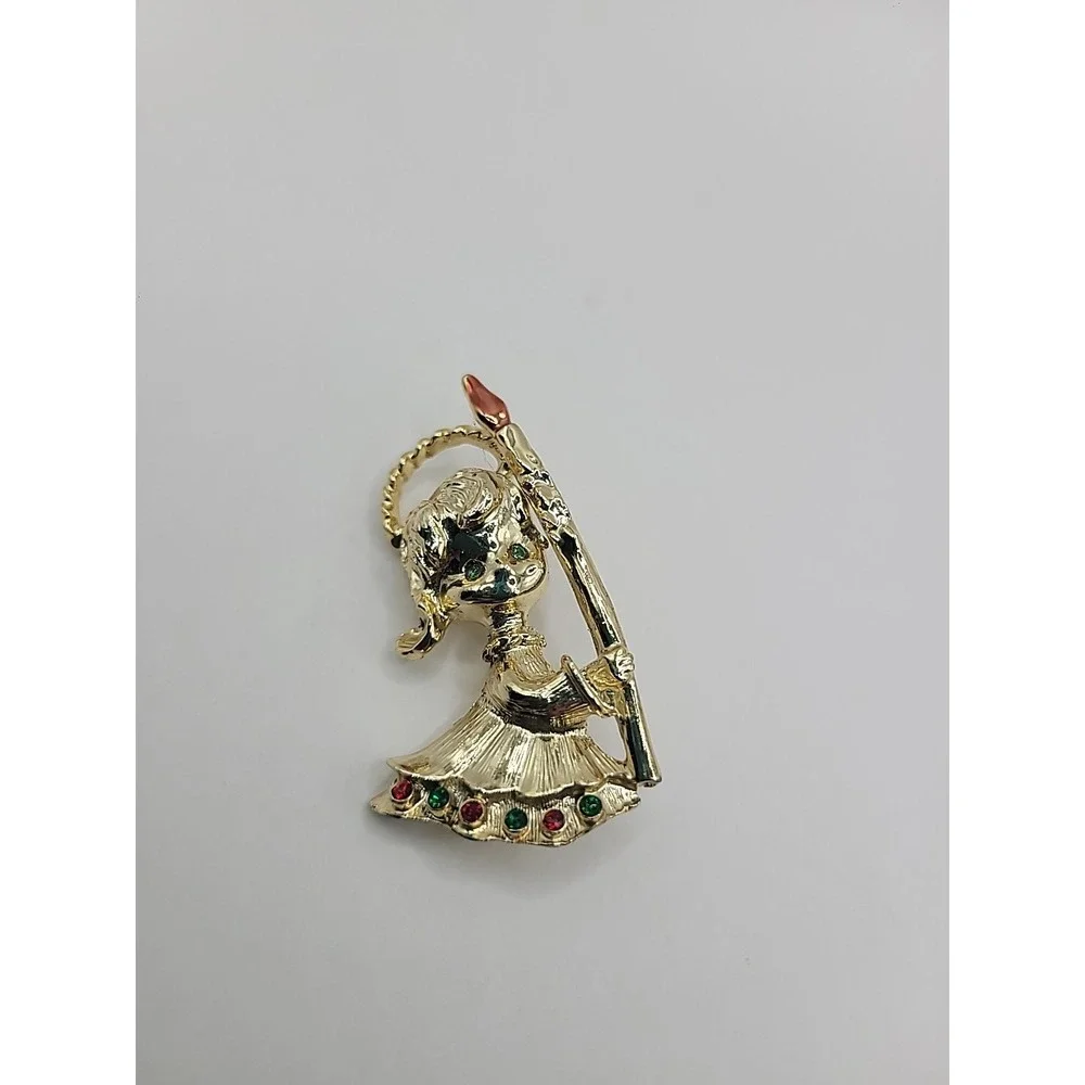 Vintage‎ Christmas Girl Holding Candle Brooch Gold Tone Red Green Rhinestone Pin